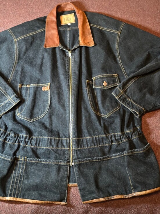 b. free Other - Vintage B. Free Men's Denim With Leather Trim Jacket Size XL Black & Tan